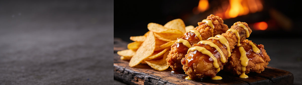 Fancy Hank's Banana Ketchup banner - crispy fried chicken glazed with sweet banana ketchup and hot chips