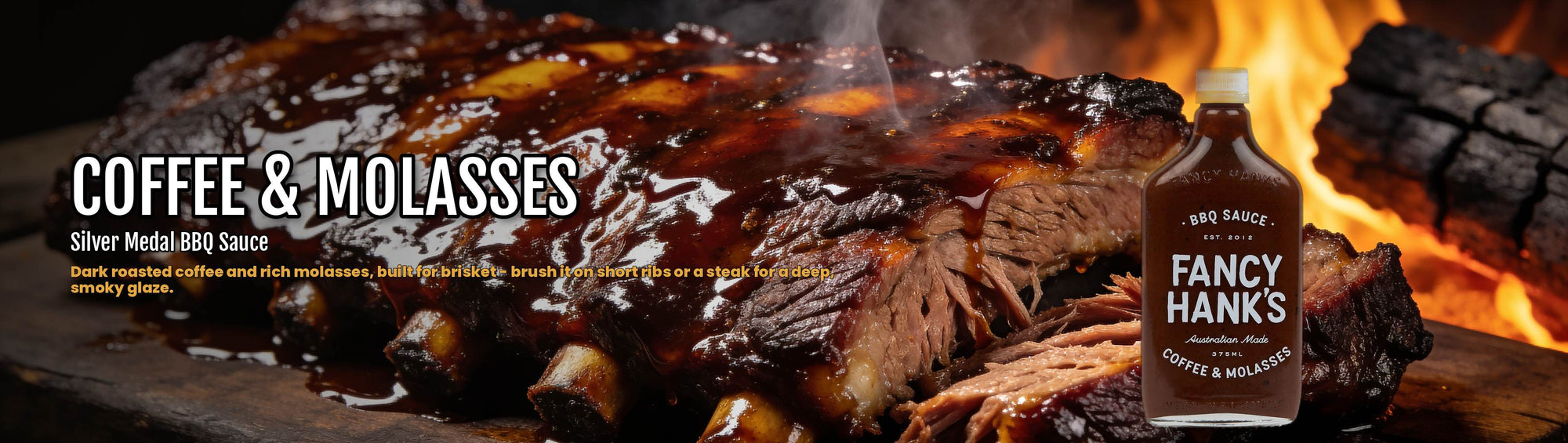 Fancy Hank's Coffee & Molasses BBQ Sauce banner - glossy dark glazed beef short ribs