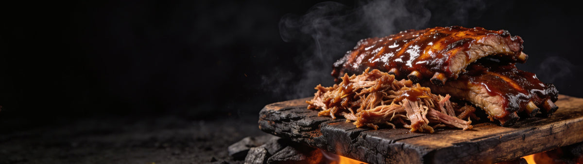 Fancy Hank's Original BBQ Sauce banner - pulled pork and glazed spare ribs, gold medal Southern sauce