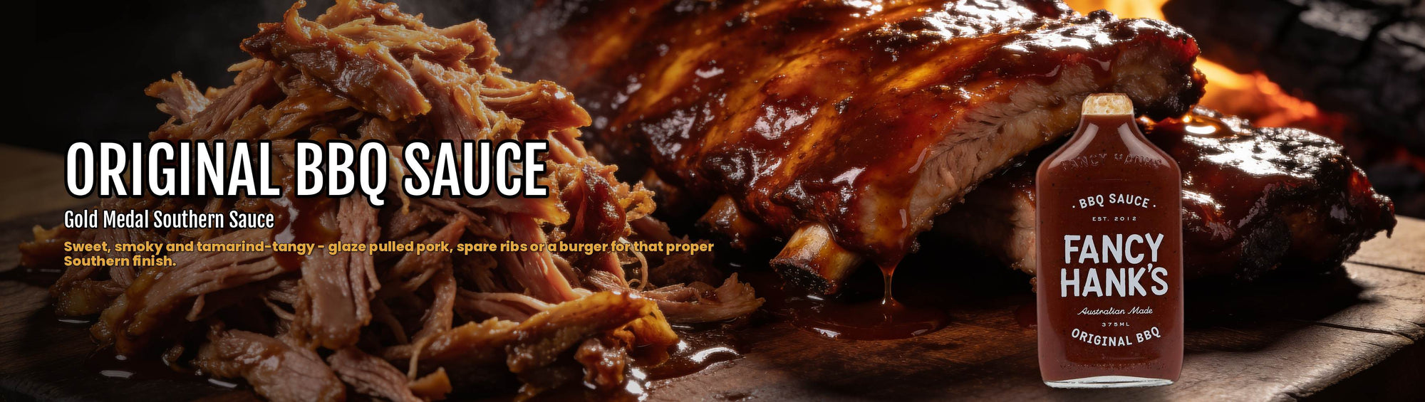 Fancy Hank's Original BBQ Sauce banner - pulled pork and glazed spare ribs, gold medal Southern sauce