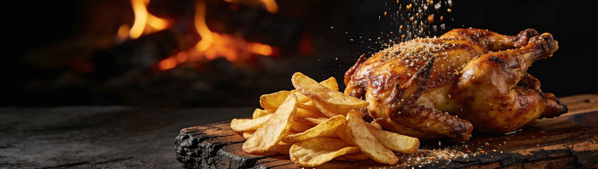 Fancy Hank's Chicken Salt Seasoning banner - chicken salt falling onto hot chips and roast chicken