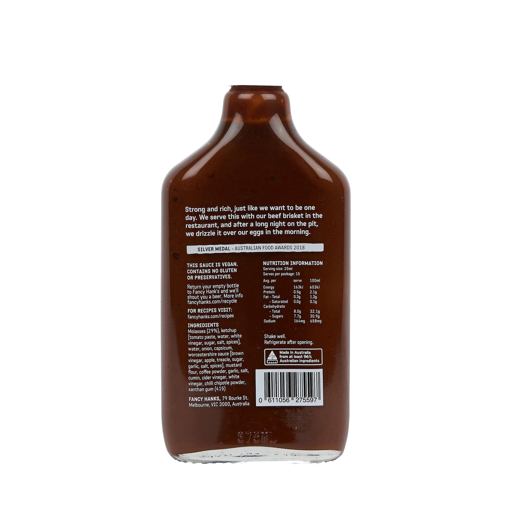 Fancy Hank's Coffee & Molasses BBQ Sauce 330ml - dark rich Melbourne made BBQ sauce