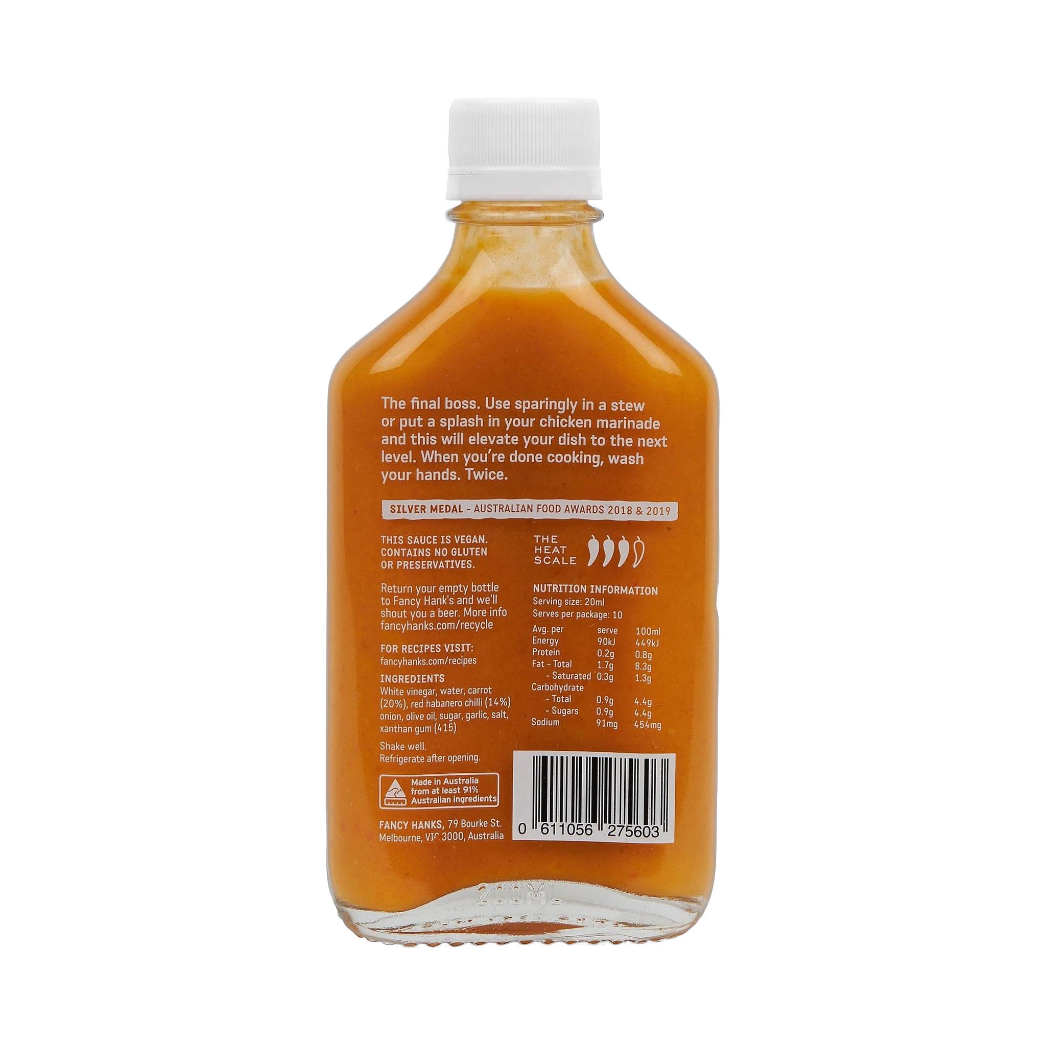 Fancy Hank's Habanero & Carrot Hot Sauce 200ml - silver medal fiery Melbourne hot sauce