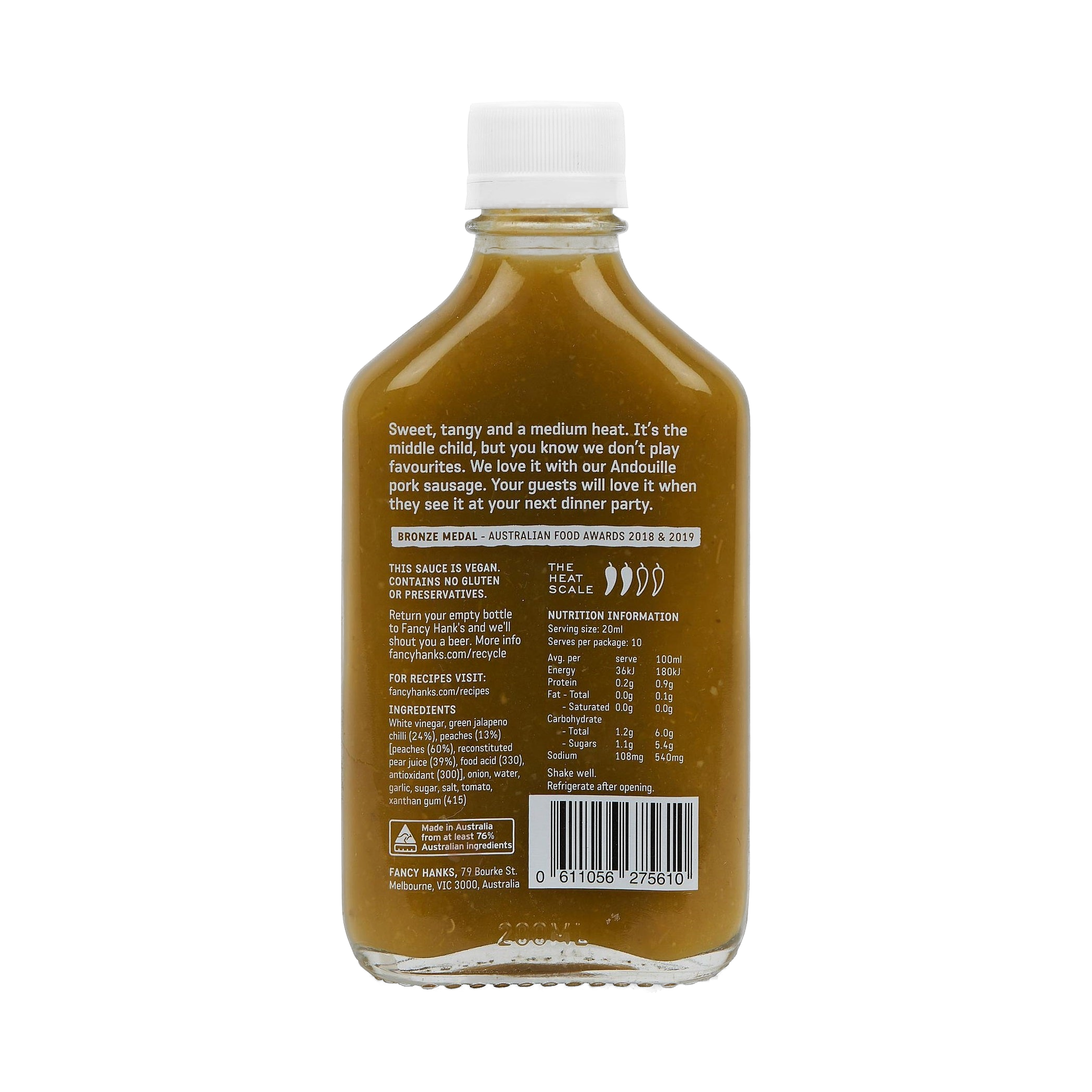 Fancy Hank's Jalapeno & Peach Hot Sauce 200ml - bronze medal sweet tangy hot sauce