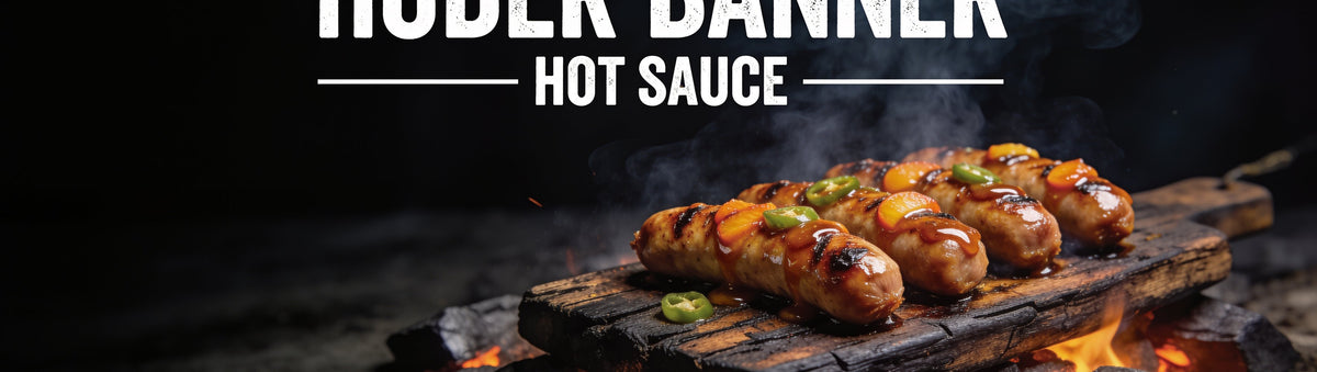 Fancy Hank's Jalapeno & Peach Hot Sauce banner - grilled pork sausages with peach jalapeno glaze