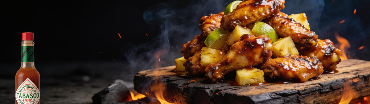 Fancy Hank's Pineapple Reaper Hot Sauce banner - fiery glazed chicken wings with pineapple and lime