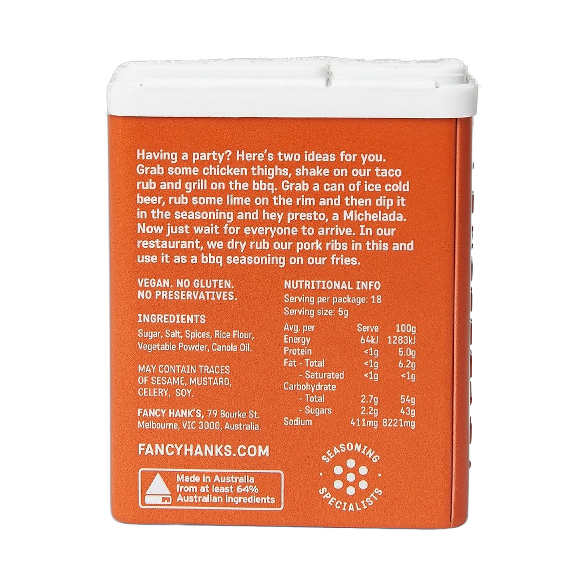 Fancy Hank's Taco Rub Seasoning 90g - mild Melbourne made taco rub shaker