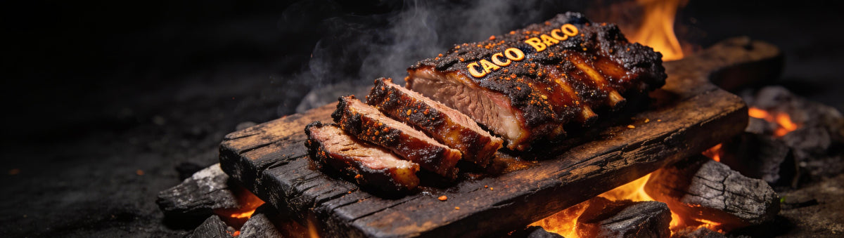Fancy Hank's Taco Rub Seasoning banner - smoked pork spare ribs with taco spiced bark
