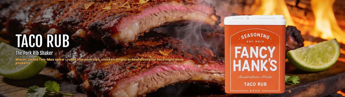 Fancy Hank's Taco Rub Seasoning banner - smoked pork spare ribs with taco spiced bark