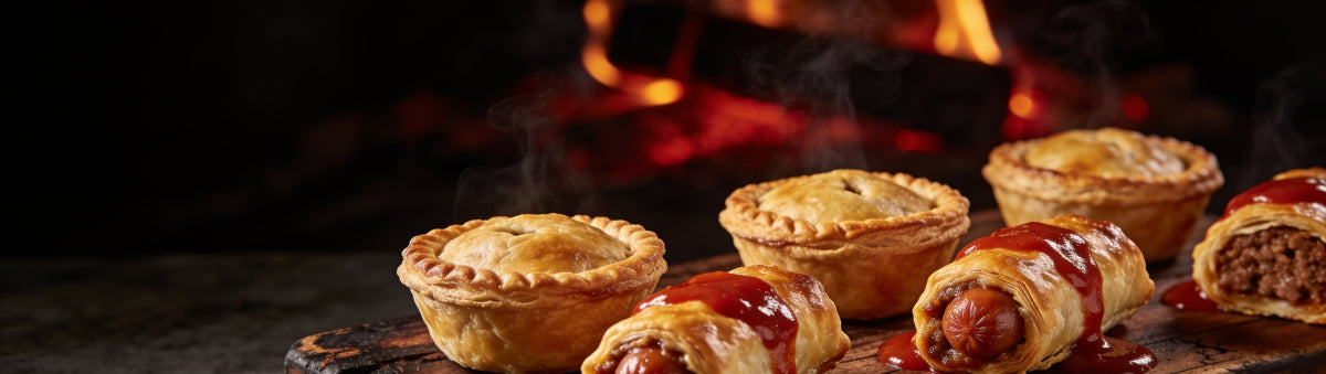 Fancy Hank's Tomato Sauce banner - golden meat pies and sausage rolls with tomato sauce