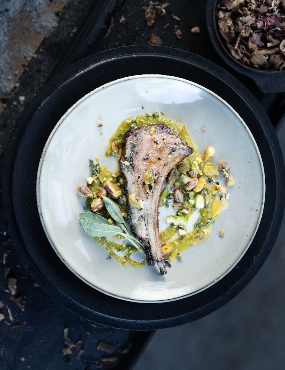Fire Kitchen by Adam Roberts hardback cookbook — lamb cutlet with herb sauce and pistachios