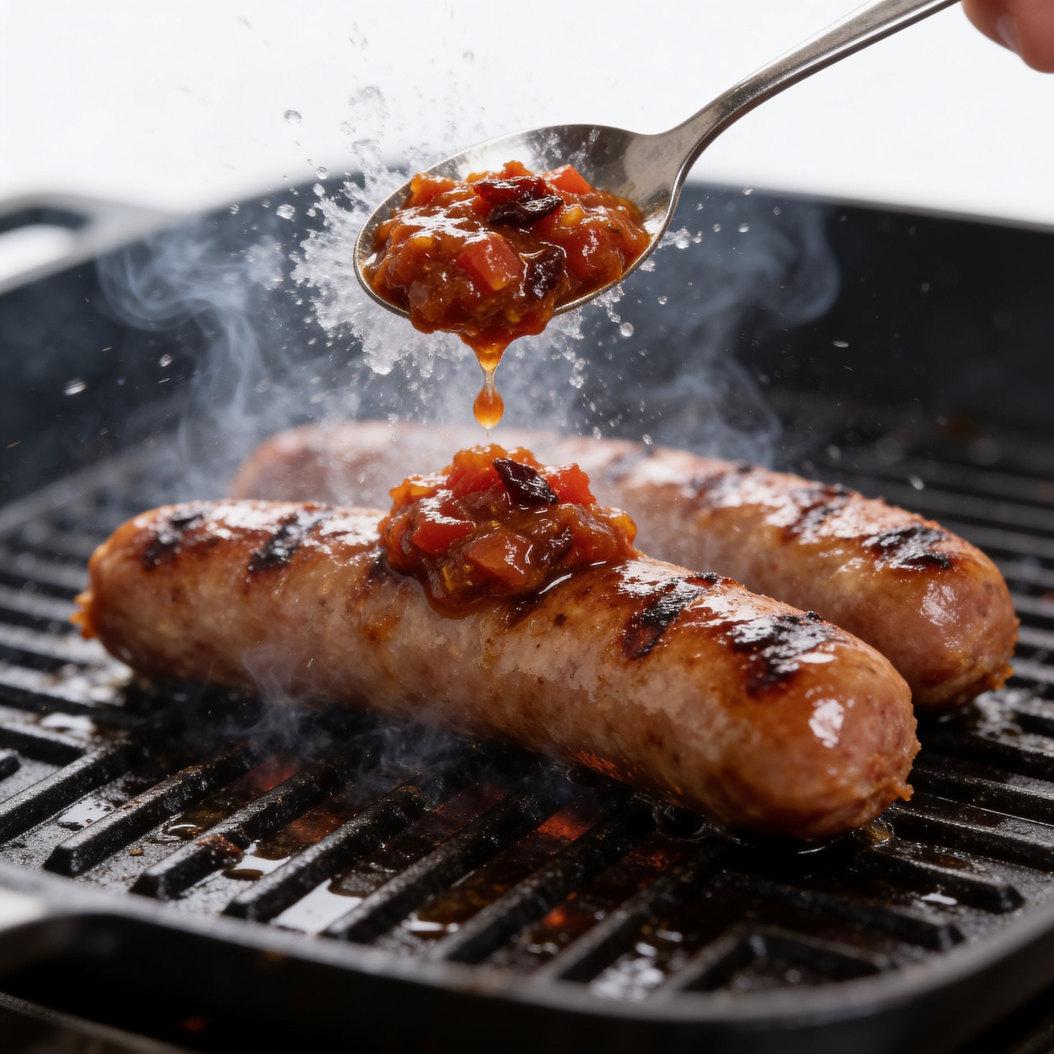 Flavour & Spice Aztec Tomato Relish being spread onto a burger patty in action