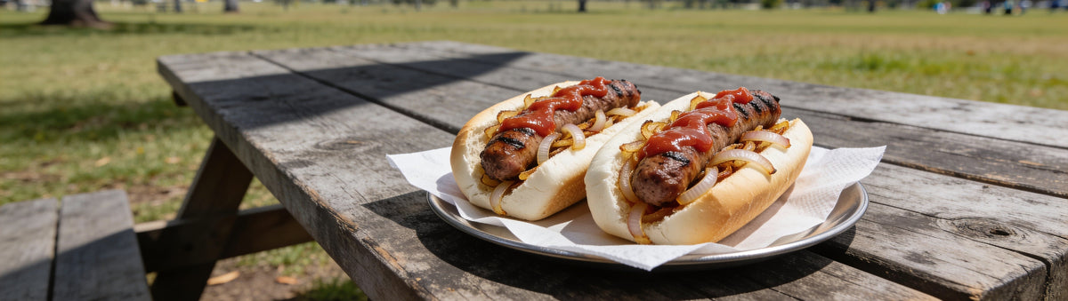 Snags in bread with Flavour & Spice Aztec Tomato Relish on a park picnic table