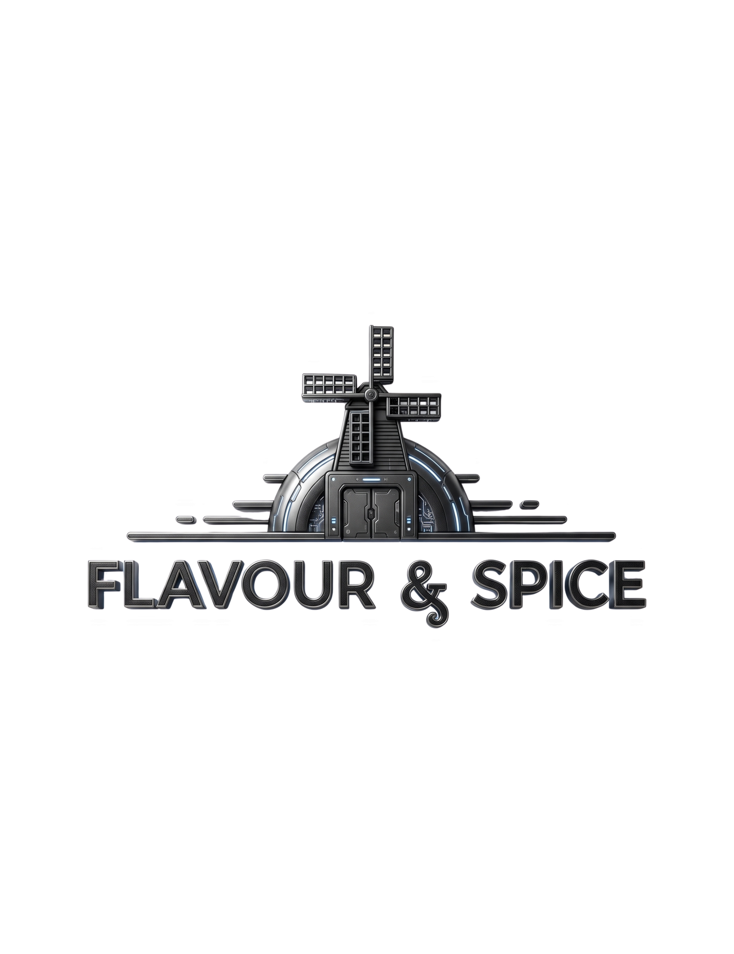 Flavour & Spice brand logo, 3D chrome windmill over a glowing dome, Mudgeeraba QLD jams and relishes, on transparent background