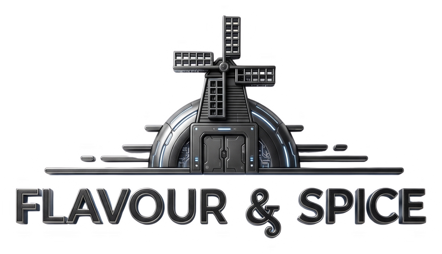 Flavour & Spice brand logo, 3D chrome windmill over a glowing dome, Mudgeeraba QLD jams and relishes, on transparent background
