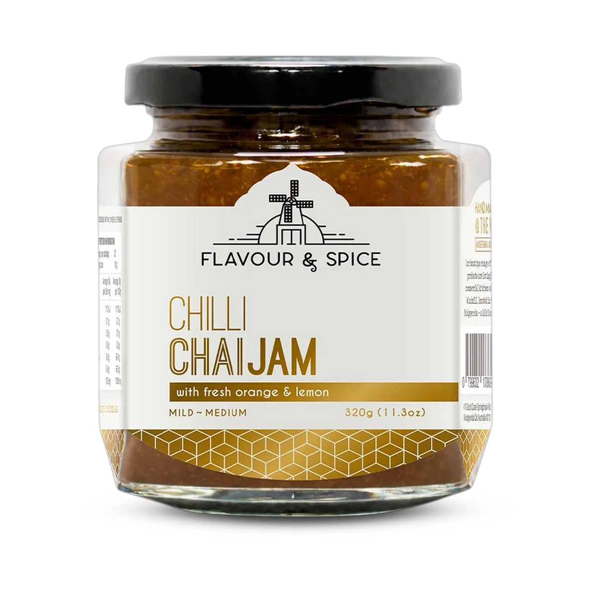 Flavour & Spice Chilli Chai Jam 330g citrus chai chilli jam — front of jar on transparent background