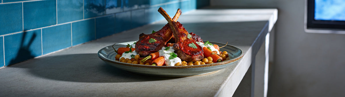 Harissa lamb cutlets with Flavour & Spice Moroccan Harissa Paste, chickpeas and yoghurt