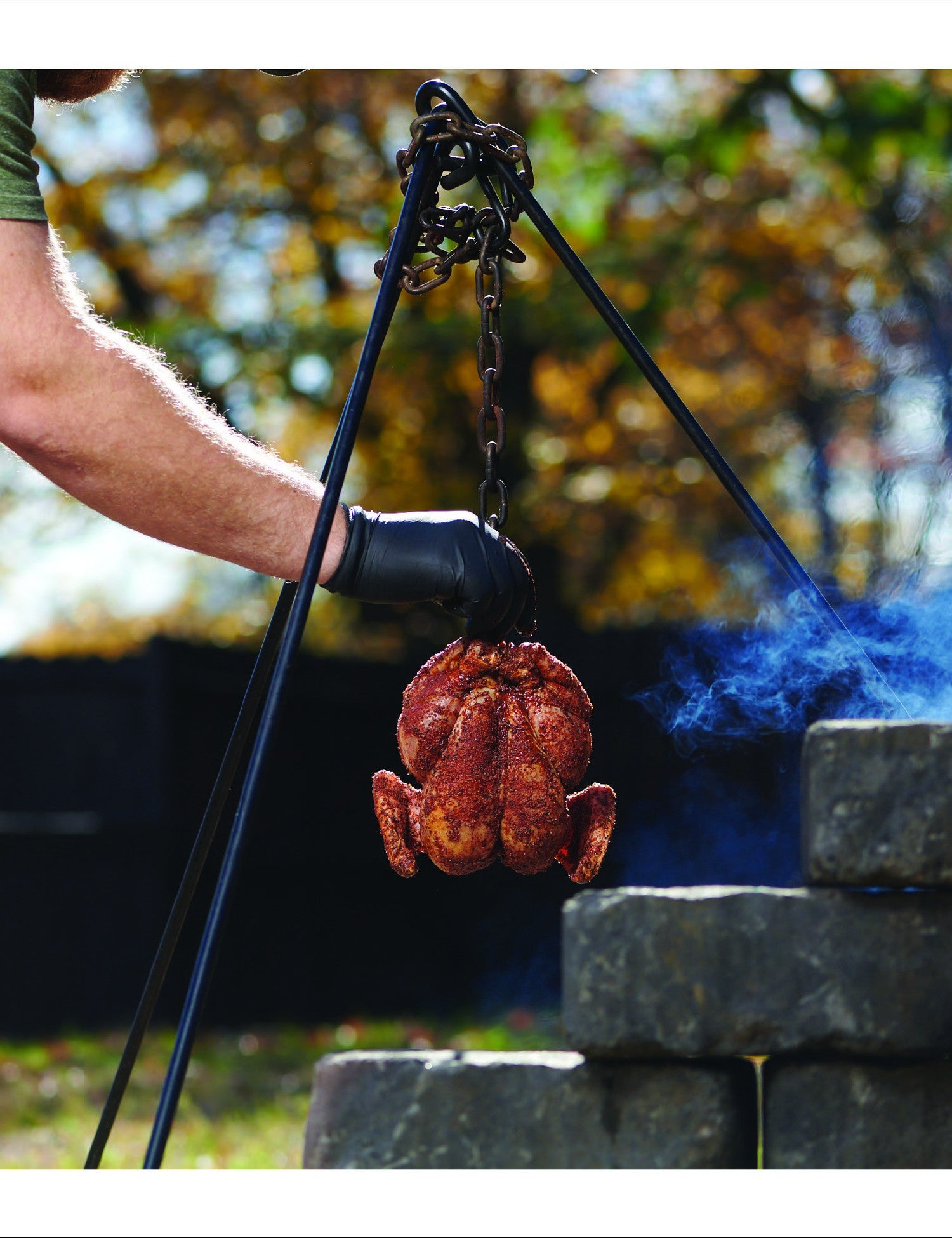 Food by Fire by Derek Wolf hardback cookbook — indirect cooking chapter with a hanging chicken over fire