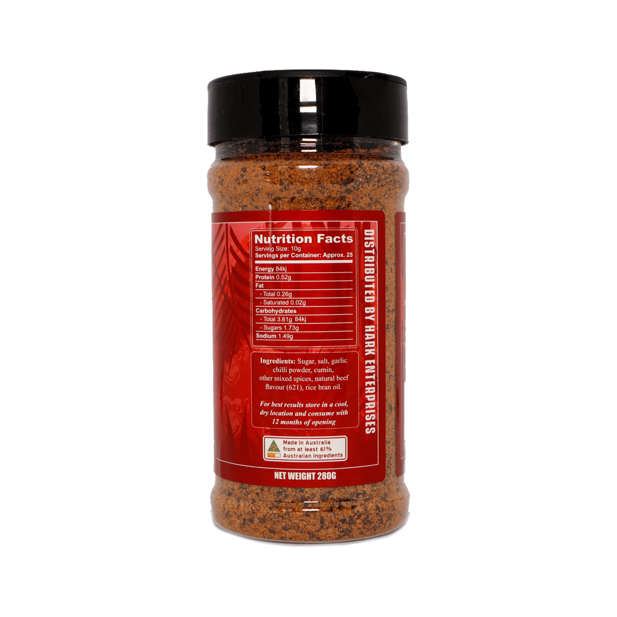 Four Monkeys BBQ Beef Rub 280g barbecue rub — alternate label view, transparent background