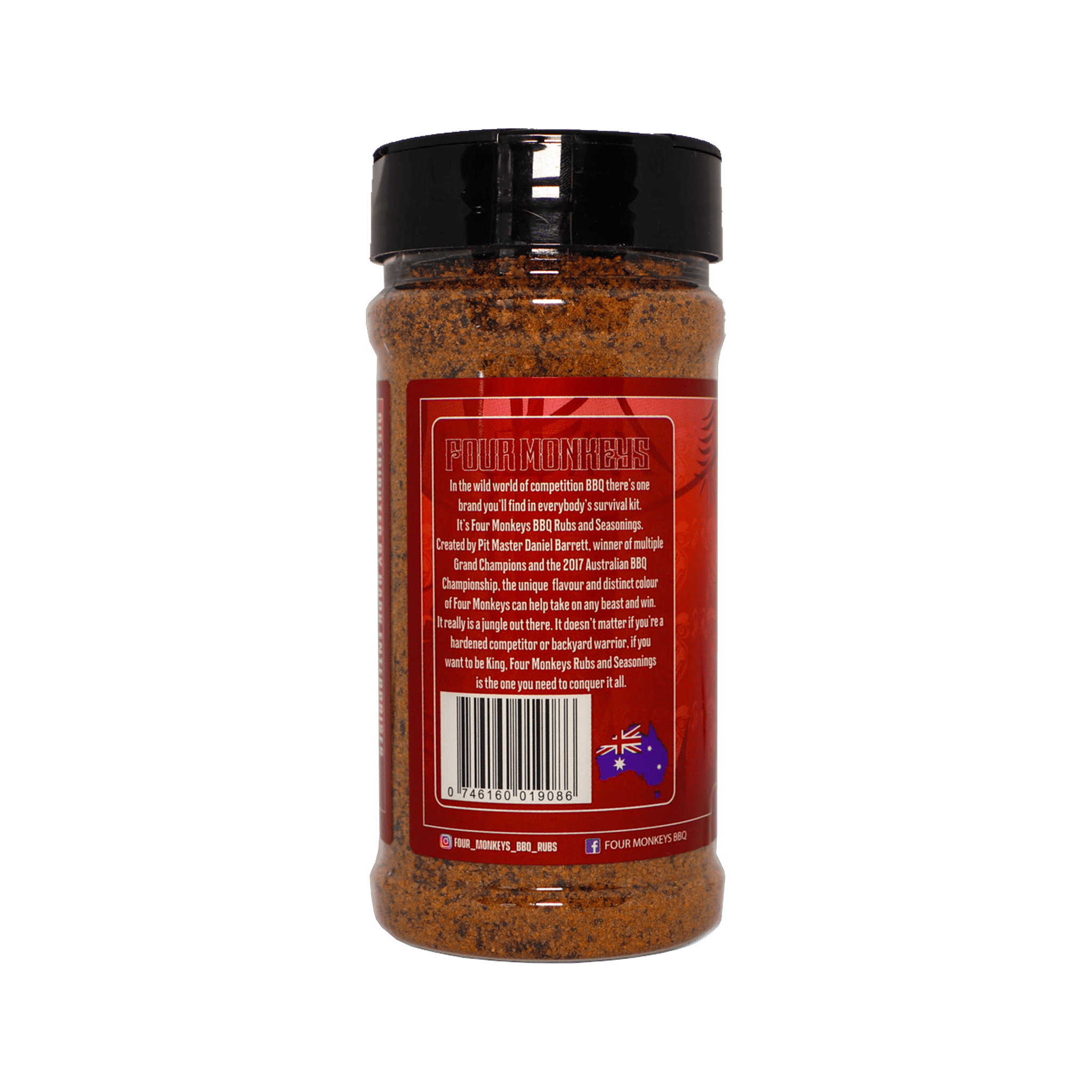 Four Monkeys BBQ Beef Rub 280g barbecue rub — second alternate label view, transparent background