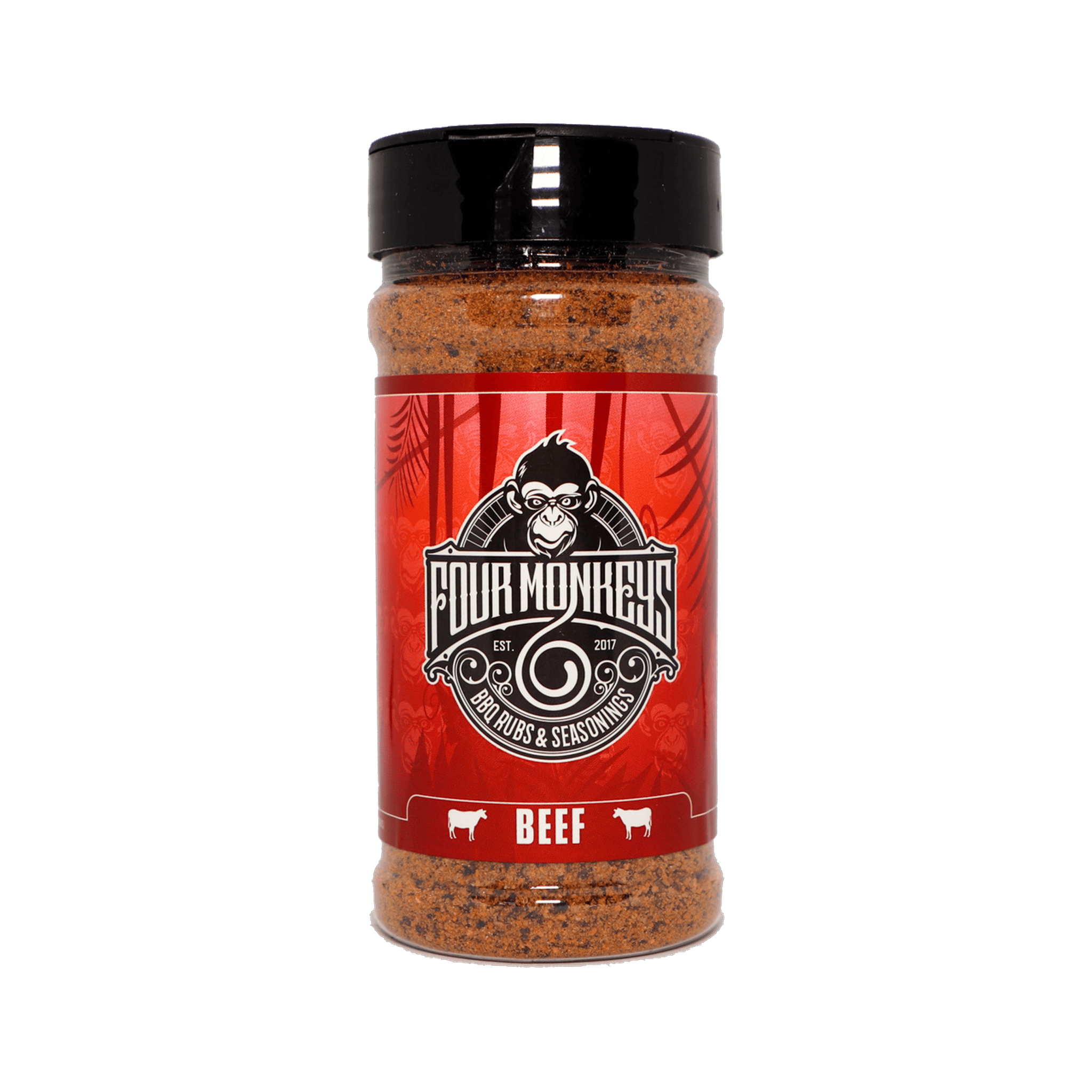 Four Monkeys BBQ Beef Rub 280g barbecue rub — front of shaker on transparent background