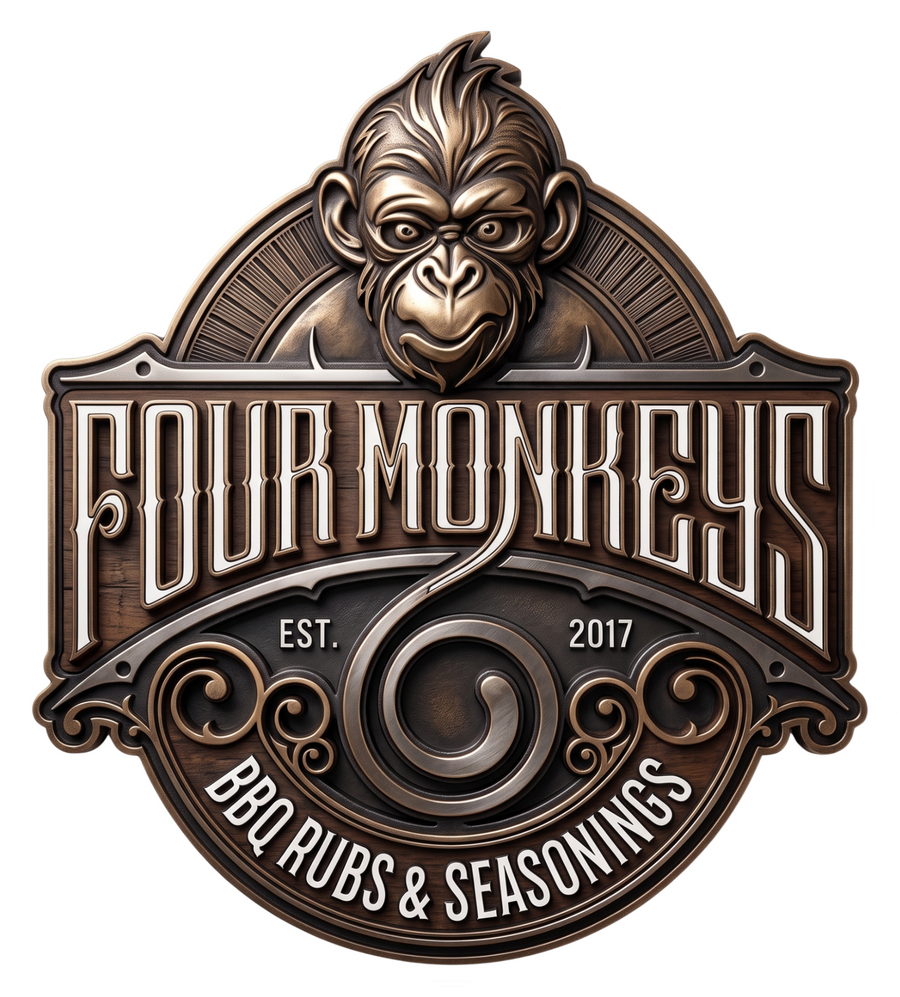 Four Monkeys BBQ brand logo, mohawk ape crest over a rubs and seasonings banner, bronze on transparent background