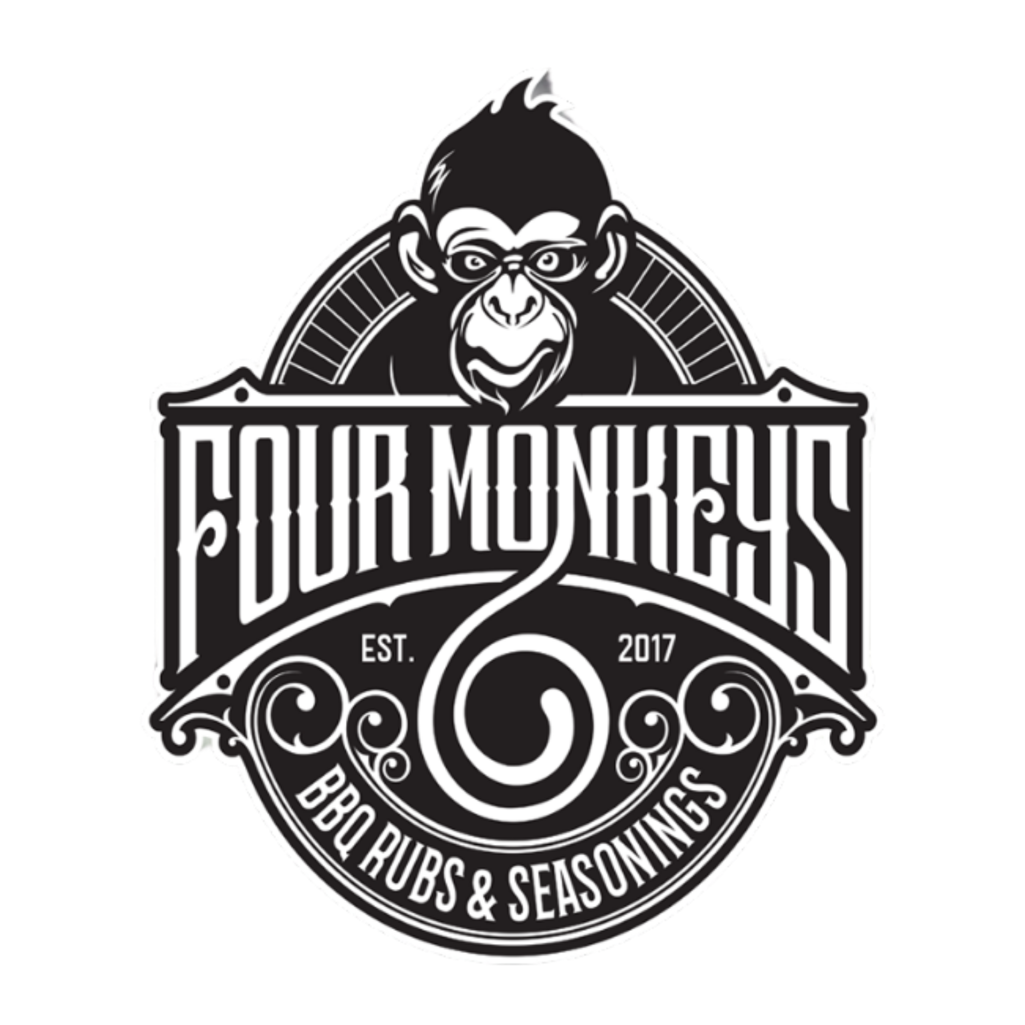 Four Monkeys BBQ brand logo, mohawk ape crest over a rubs and seasonings banner, black on transparent background