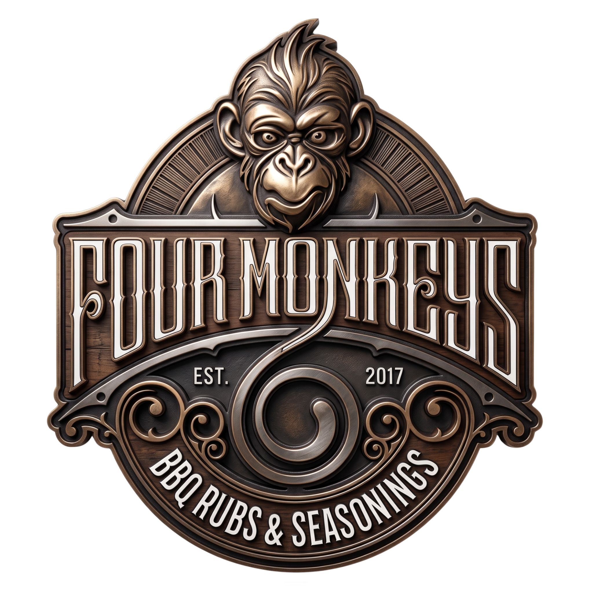 Four Monkeys BBQ brand logo, mohawk ape crest over a rubs and seasonings banner, bronze on transparent background