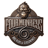 Four Monkeys BBQ brand logo, mohawk ape crest over a rubs and seasonings banner, bronze on transparent background