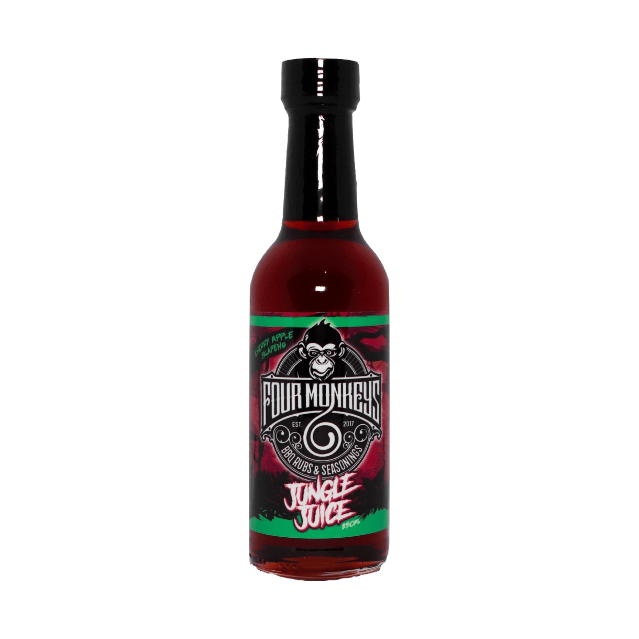 Four Monkeys BBQ Jungle Juice Cherry Apple Jalapeno Rib Glaze 250ml — front of bottle on transparent background
