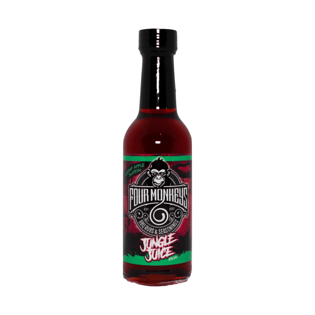 Four Monkeys BBQ Jungle Juice Cherry Apple Jalapeno Rib Glaze 250ml — front of bottle on transparent background
