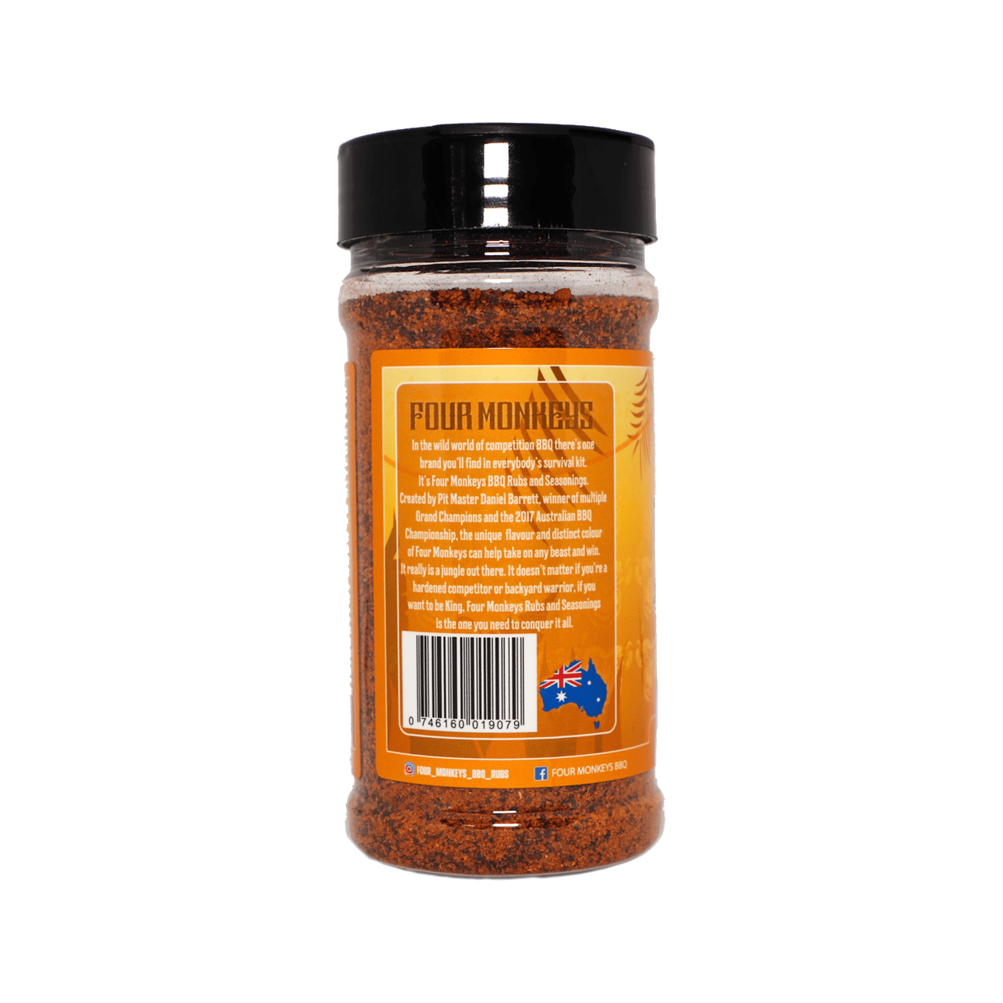 Four Monkeys BBQ Chicken Rub 260g barbecue rub — second alternate label view, transparent background