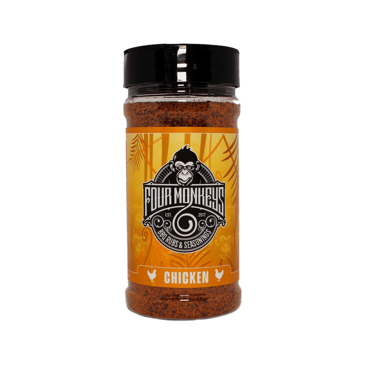Four Monkeys BBQ Chicken Rub 260g barbecue rub — front of shaker on transparent background