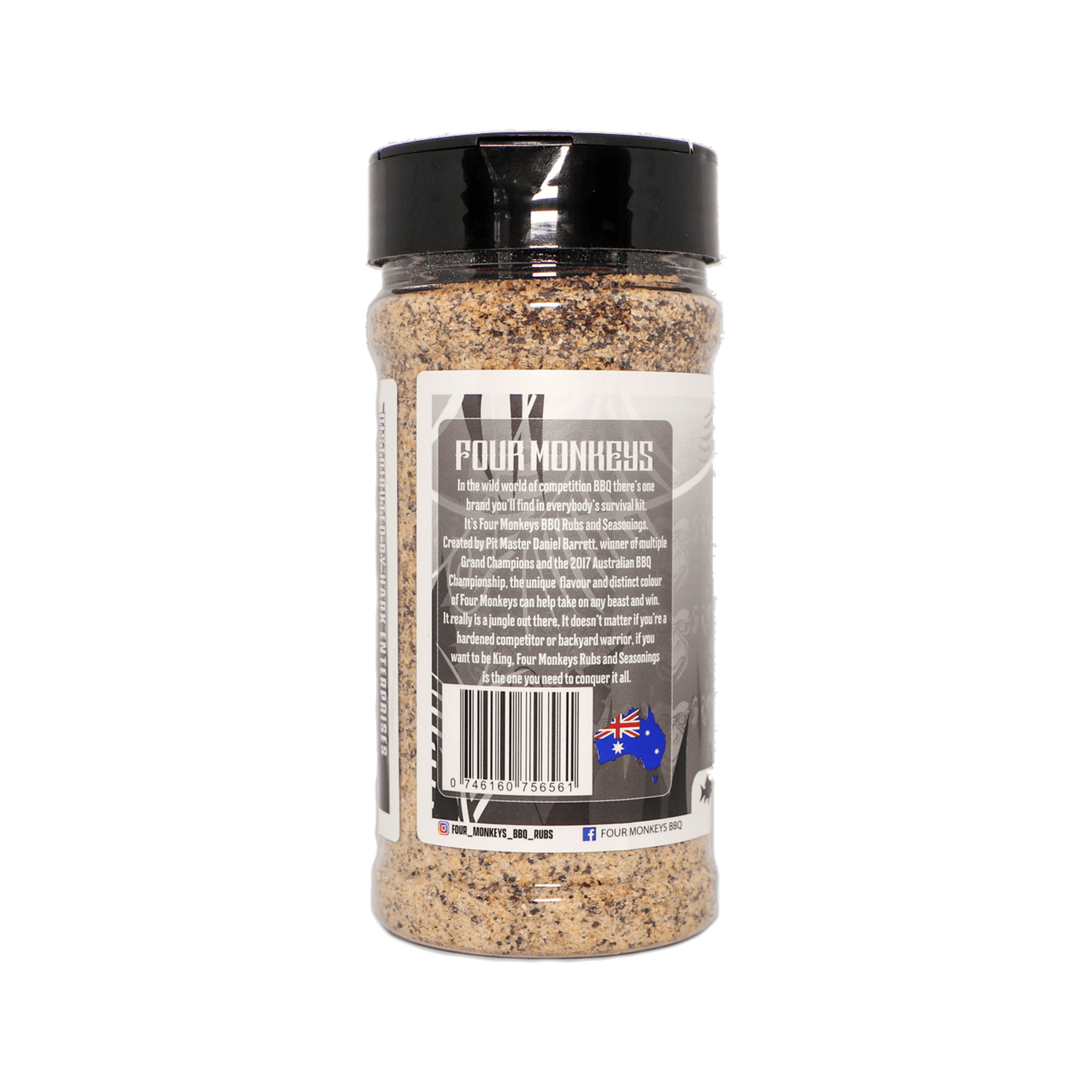 Four Monkeys BBQ Home Base Rub 300g barbecue seasoning — second alternate label view, transparent background