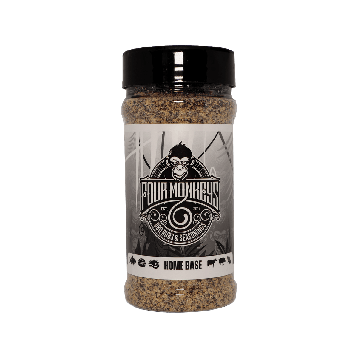 Four Monkeys BBQ Home Base Rub 300g all-purpose barbecue seasoning — front of shaker on transparent background