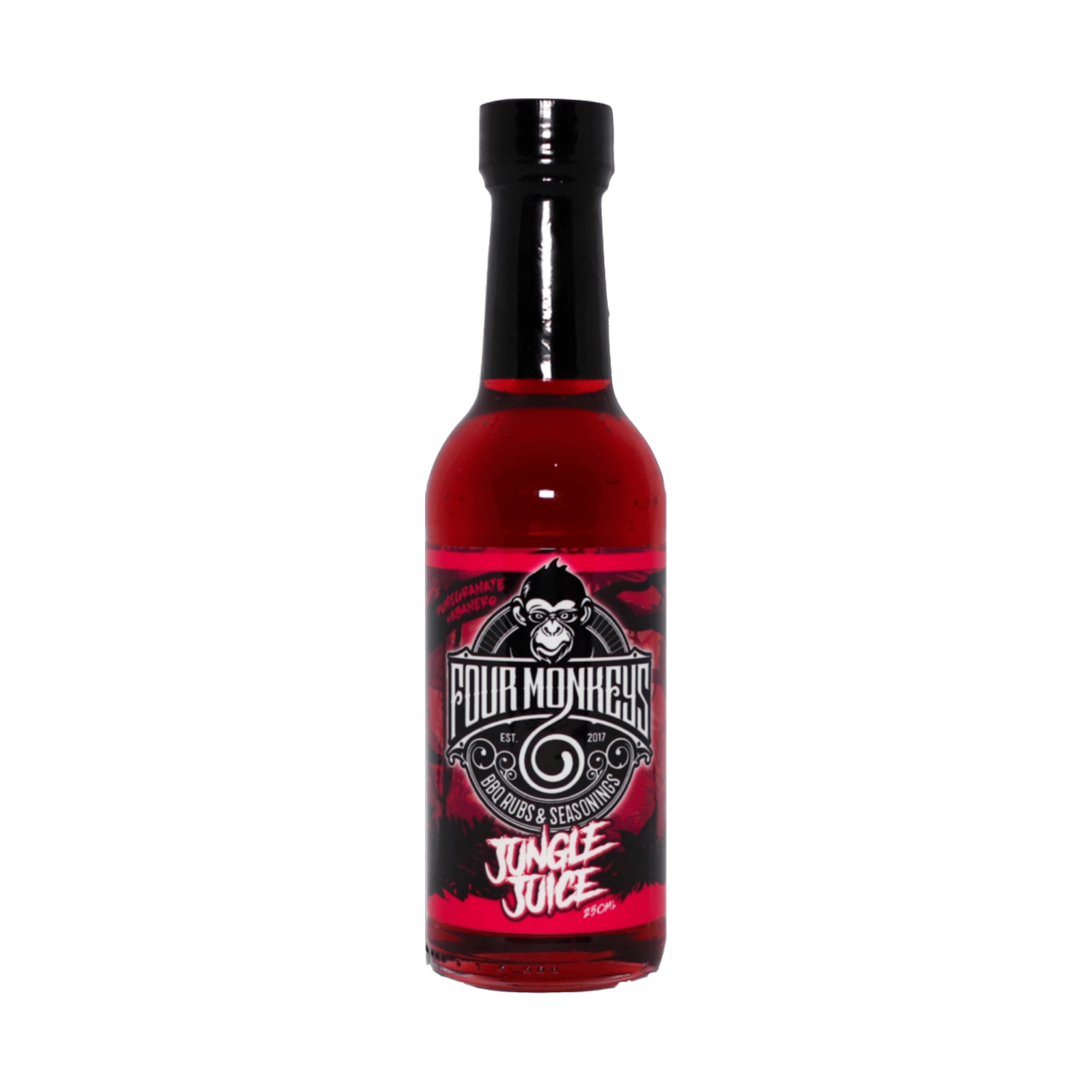 Four Monkeys BBQ Jungle Juice Pomegranate Habanero Rib Glaze 250ml — front of bottle on transparent background