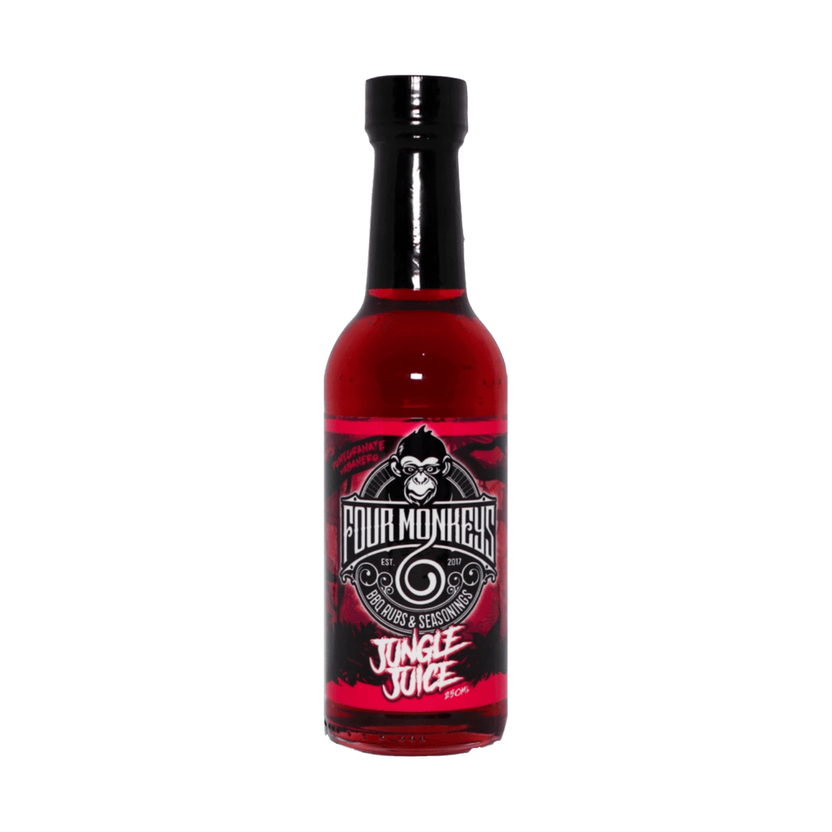 Four Monkeys BBQ Jungle Juice Pomegranate Habanero Rib Glaze 250ml — front of bottle on transparent background