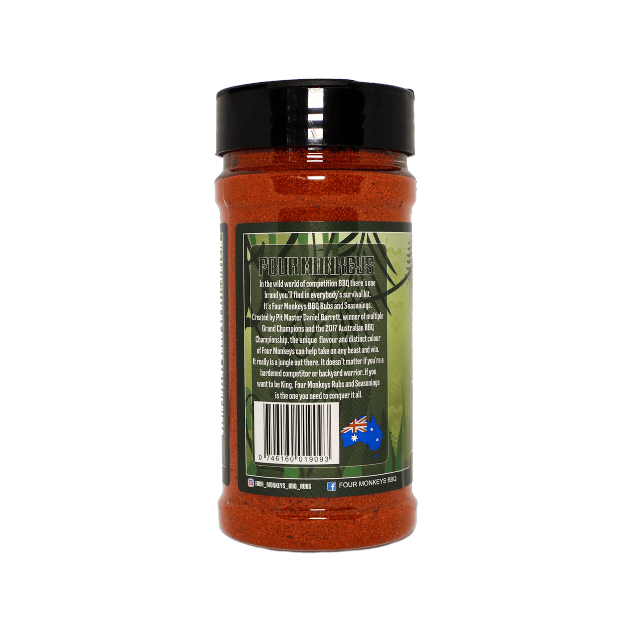 Four Monkeys BBQ Pork Rub 240g barbecue rub — second alternate label view, transparent background