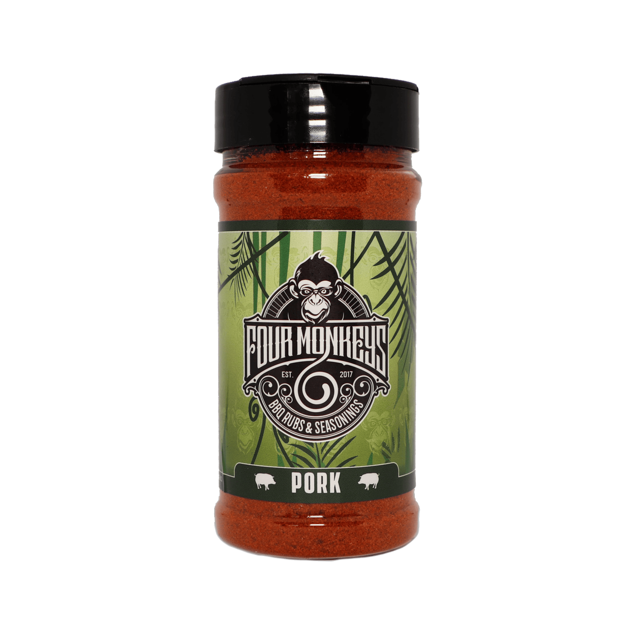 Four Monkeys BBQ Pork Rub 240g barbecue rub — front of shaker on transparent background