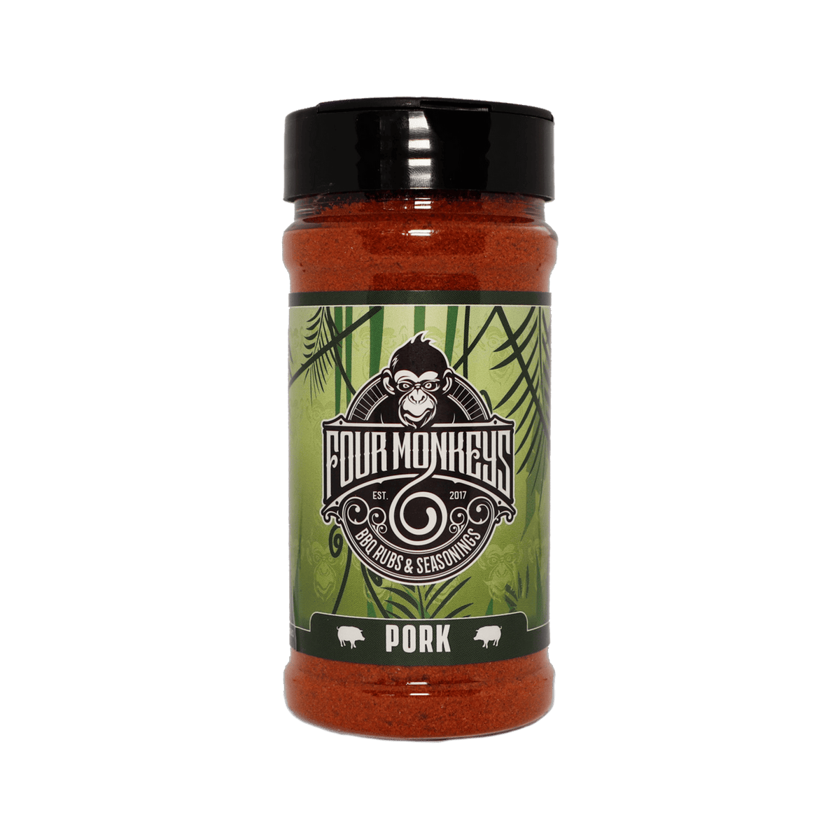 Four Monkeys BBQ Pork Rub 240g barbecue rub — front of shaker on transparent background