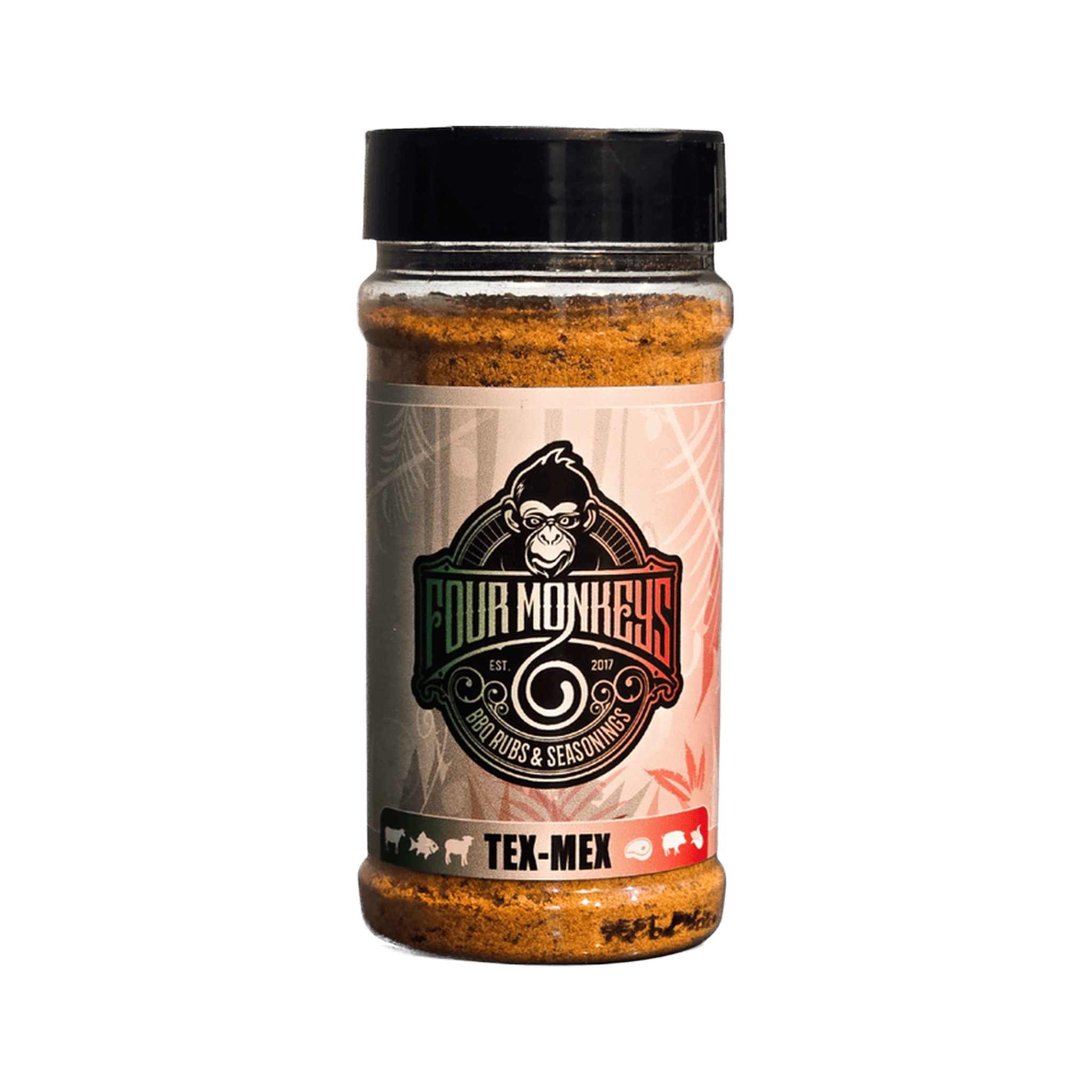 Four Monkeys BBQ Tex-Mex Rub 280g barbecue rub — front of shaker on transparent background