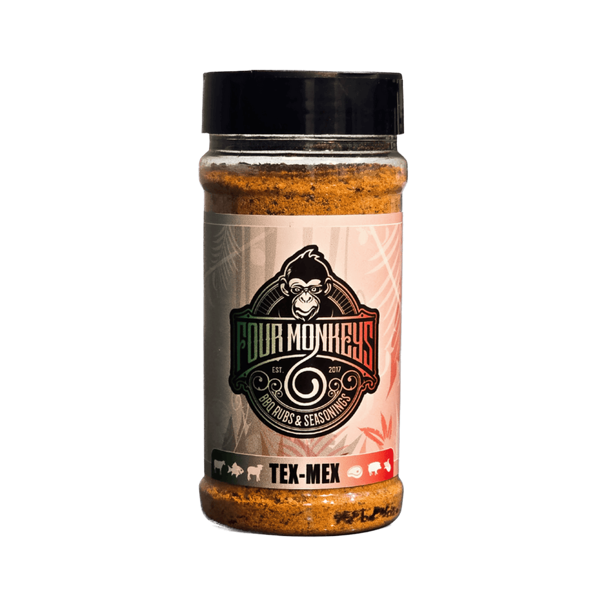 Four Monkeys BBQ Tex-Mex Rub 280g barbecue rub — front of shaker on transparent background