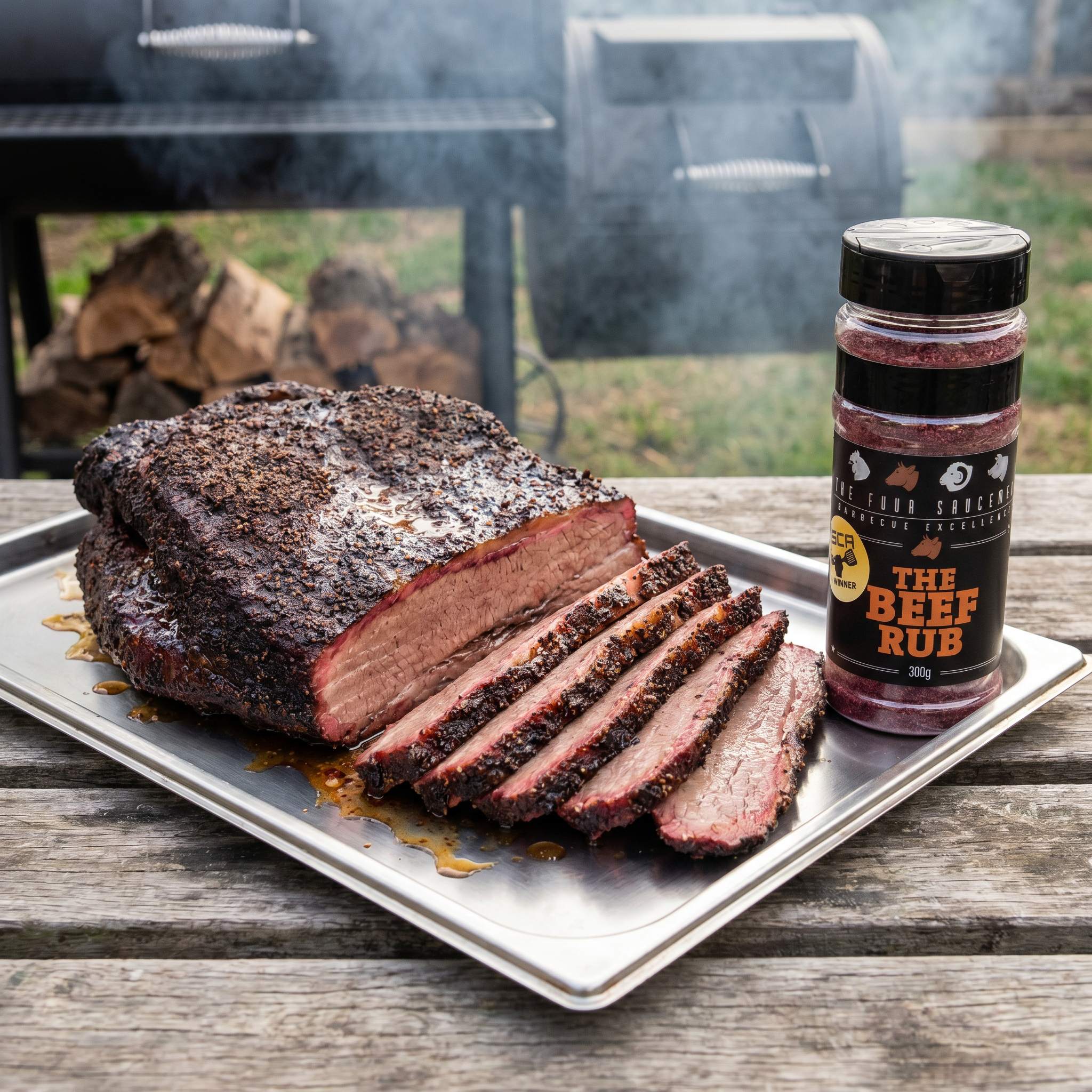 Four Saucemen The Beef Rub - sliced smoked beef brisket with dark bark and smoke ring