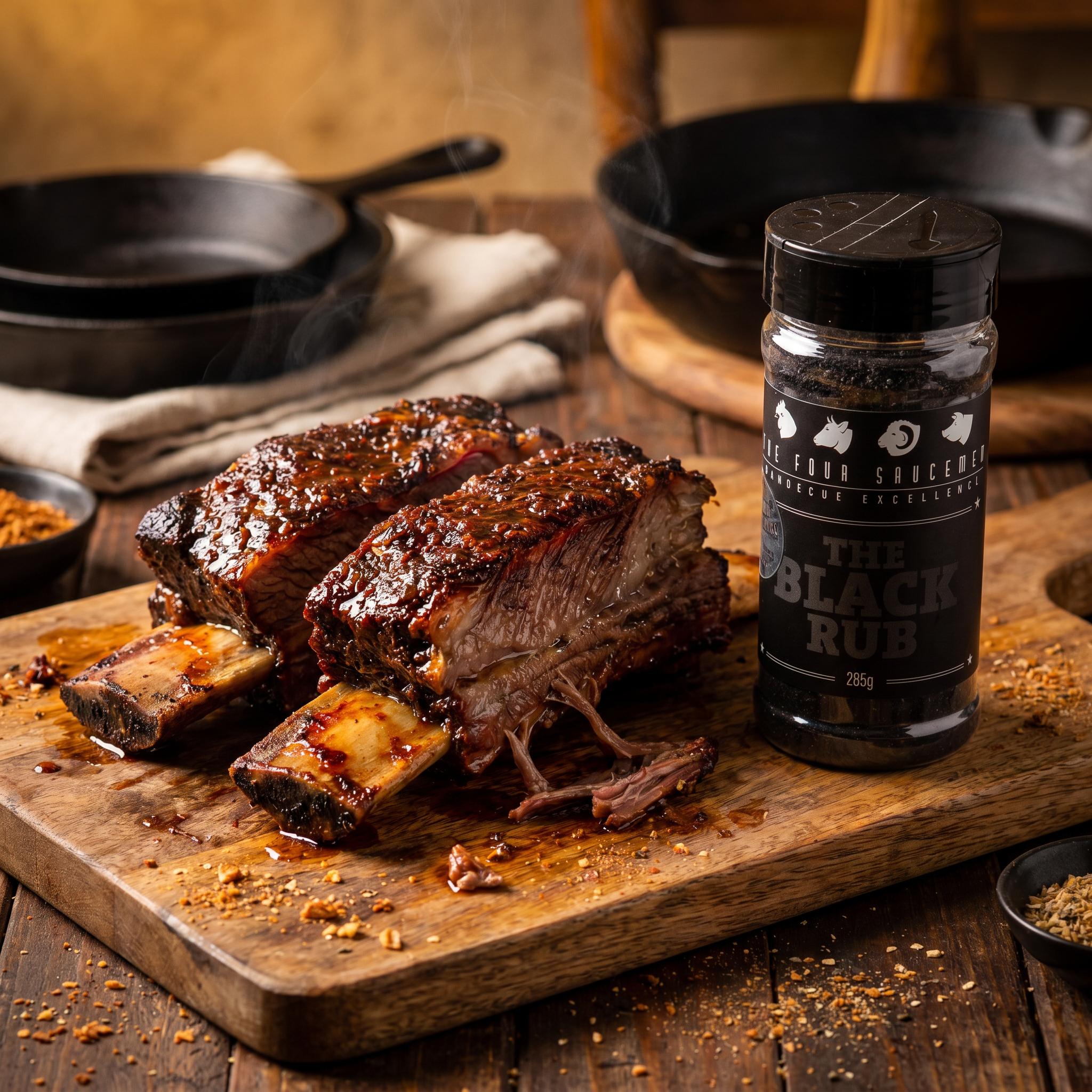 Four Saucemen The Black Rub - beef short ribs with a dark spicy bark on a board