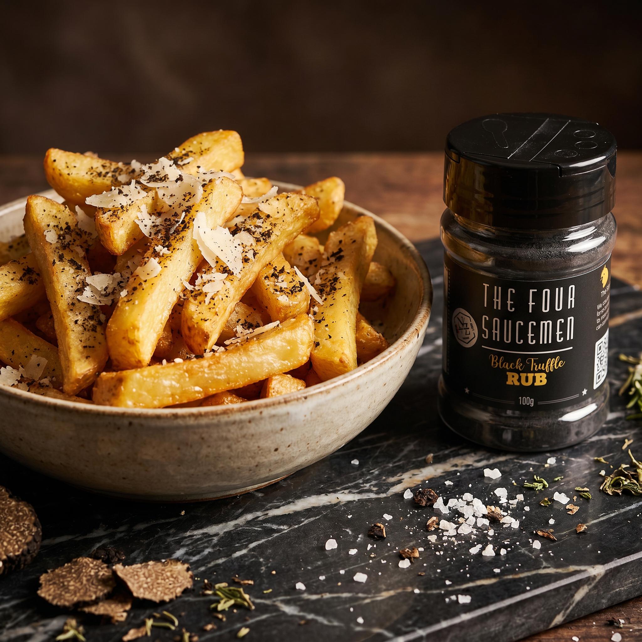 Four Saucemen The Black Truffle Rub - bowl of truffle-dusted chips with parmesan