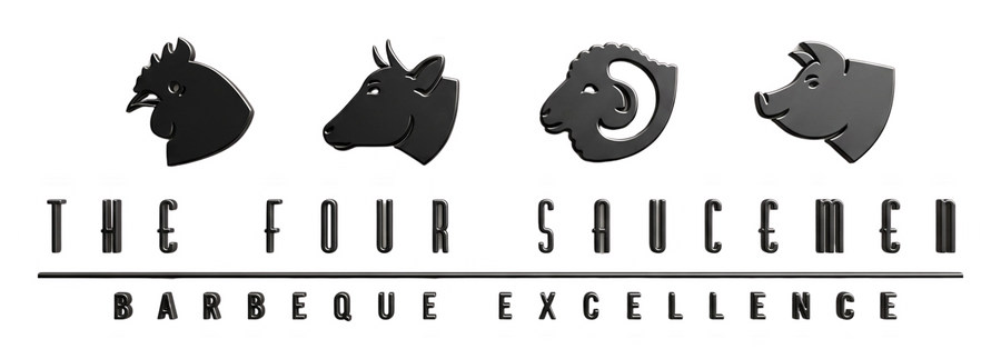 Four Saucemen barbecue brand logo, four animal-head crests, New Zealand BBQ, black on transparent background