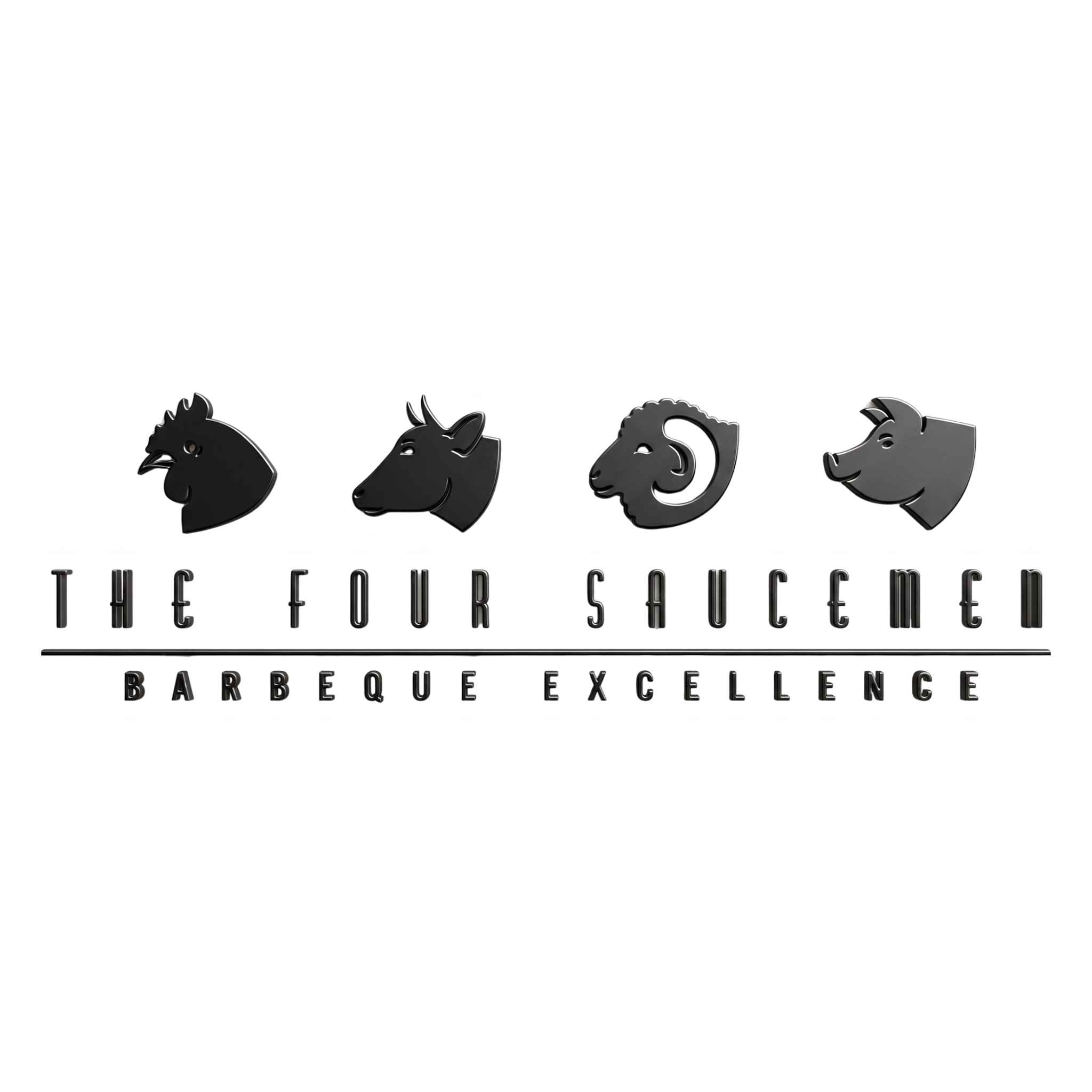 Four Saucemen barbecue brand logo, four animal-head crests, New Zealand BBQ, black on transparent background