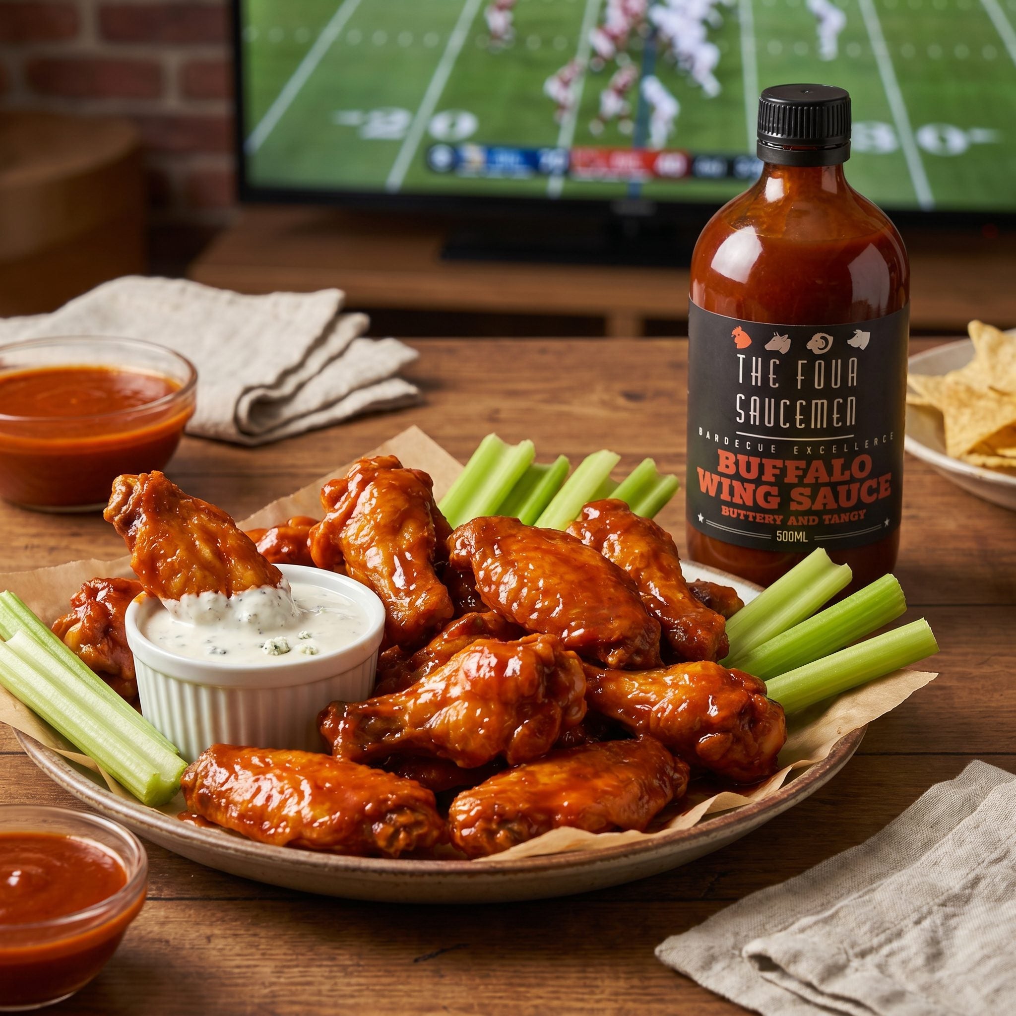 Four Saucemen Buffalo Wing Sauce - buffalo wings with celery and blue cheese dip