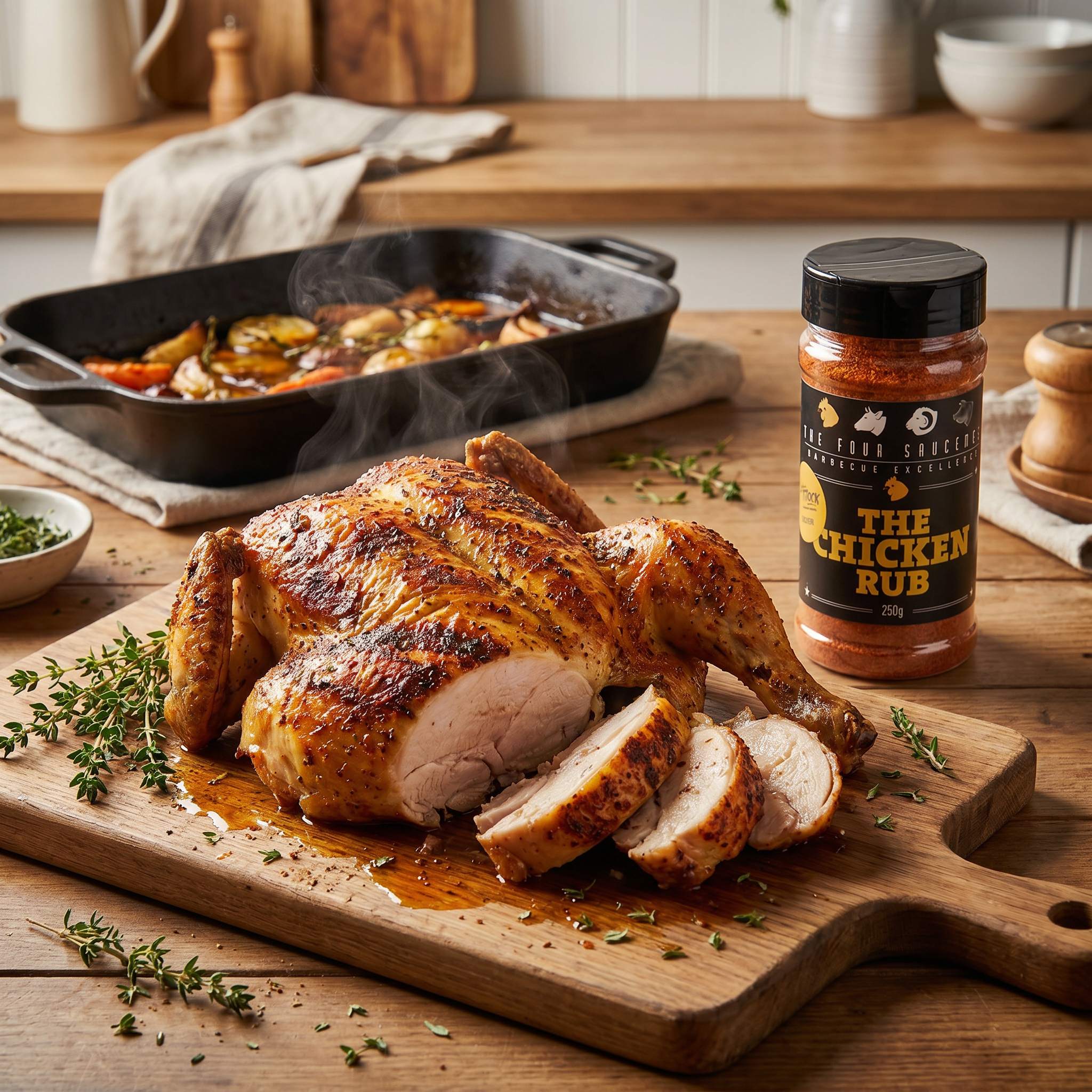 Four Saucemen The Chicken Rub - whole butterflied roast chicken carved on a board