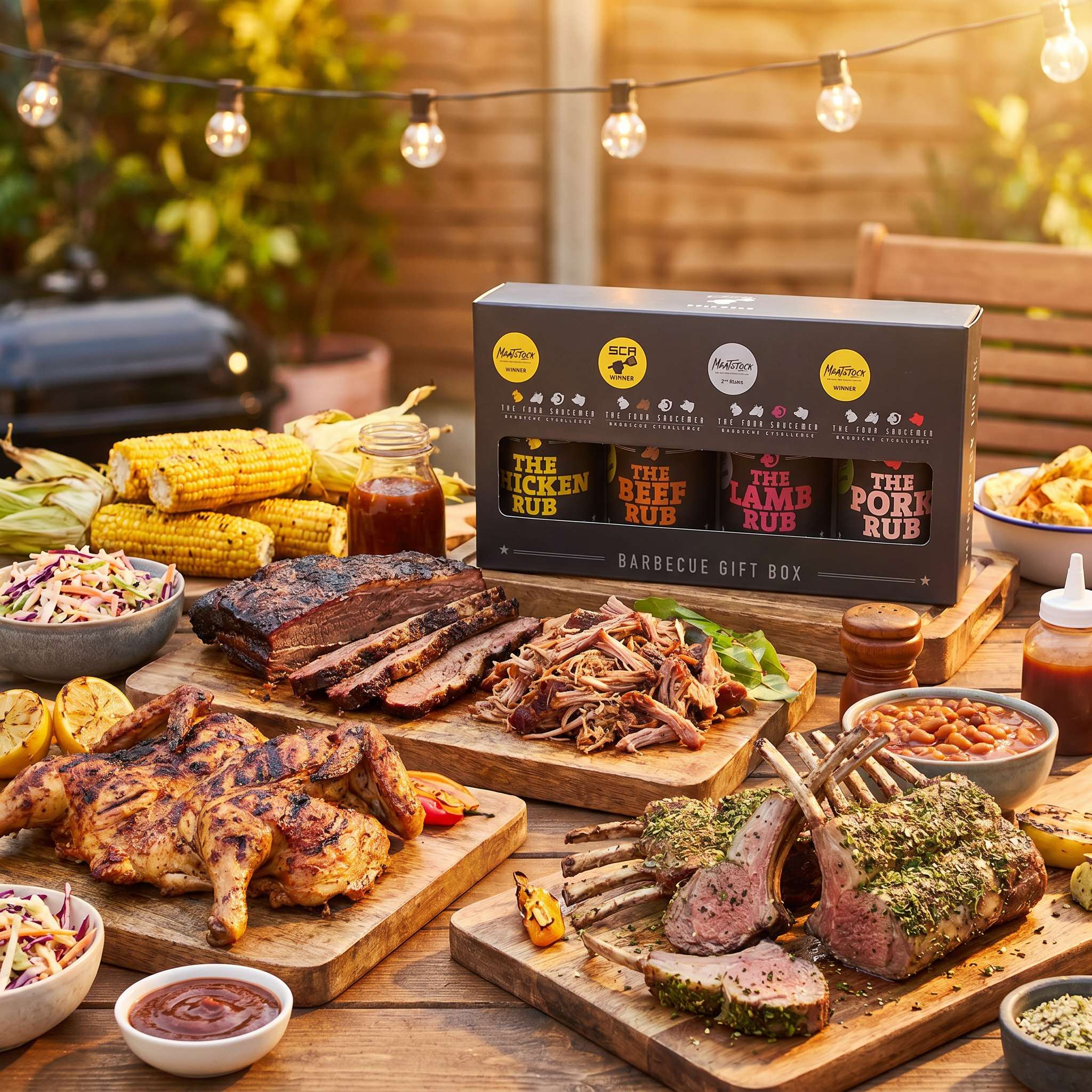 Four Saucemen The Barbecue Gift Box - the gift box beside a backyard BBQ spread